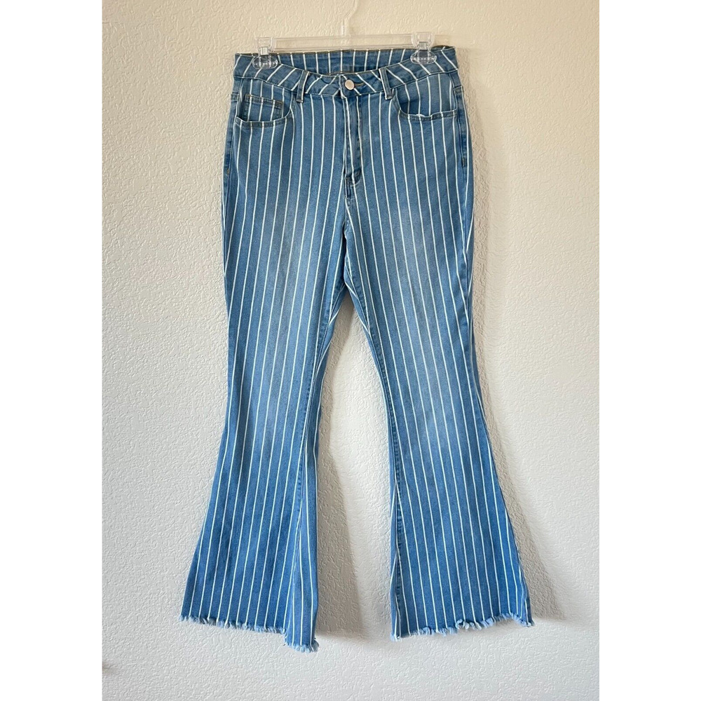 Womens Artsy Festival Eclectic Blue Striped Boho Flare Raw Hem Stretch Jeans 29
